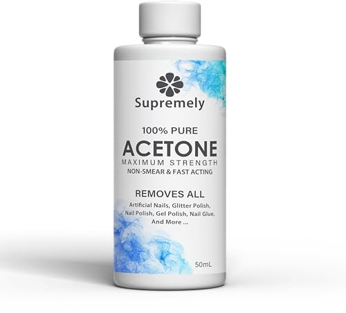 Supremely 100% Pure Acetone Nail Polish Remover - For UV/LED, Gel Soak Off, Acrylics, and Nail Tips - Removes All Types of Nail Polish, Gel Polish, and Glue - 50ML