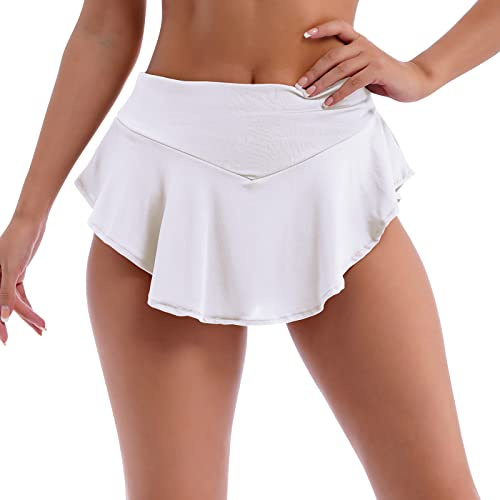 IBAKOM Gonne e Pantaloncini Donna a Vita Alta con Volant per Yoga, Jogging, Palestra, Allenamento, Hipster, Rave, Abbigliamento da Pole Dance, Mini Hot Pants, Intimo Sportivo, bianco, L