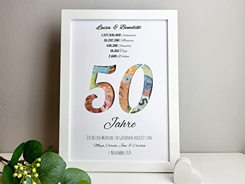 personalisiertes Geldgeschenk zur Goldenen Hochzeit - Motiv 50 Jahre Countdown (mit Bilderrahmen - shabby weiß)