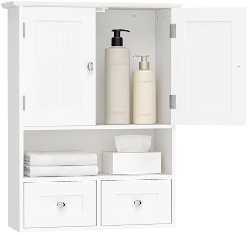 kleankin Armario de Baño de Pared, Armario Colgante, Mueble Suspendido de Baño, 2 Puertas con Cierre Magnético, 2 Cajones y Estante Abierto, para Cocina, Lavadero, 50,8x17,8x66 cm, Blanco