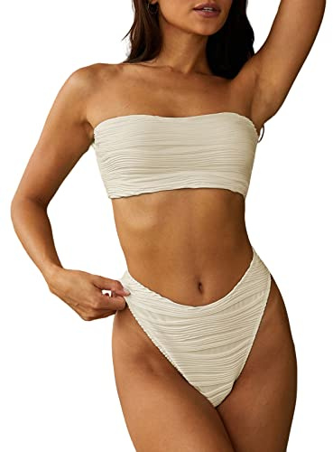 ZAFUL Women Strapless Textured Bandeau Bikini 2 Piece Swimwear Cheeky Solid Lace up Bathing Suits(1-Beige,S)