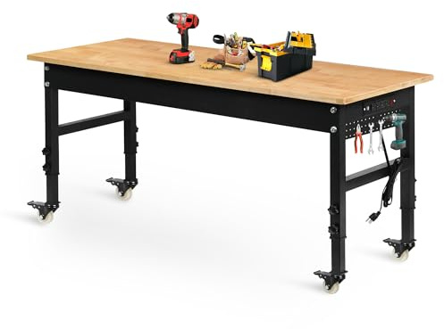 Betterhood 60 Adjustable Workbench on Wheels, Rubber Wood Heavy Duty Workstation with Power Outlets & Pegboard, 2000LBS Load Capacity Hardwood Worktable for Workshop, Garage, Office, Home, Commercial