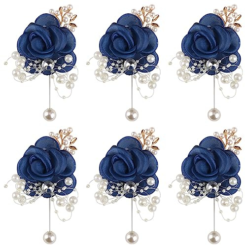 6 Stück Boutonniere Hochzeit Rose Gästeanstecker Handarbeit Ansteckblume Künstliche Blumen Hochzeit Boutonniere für Bräutigam Herren Braut Frauen Hochzeit Prom Bankett Party Herren Braut Frauen-Blau