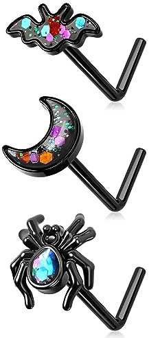 Melighting 20g Fledermaus & Spinne Nasenstecker 3pcs Schwarz Nasenpiercing Studs L-Form Nasenstecker Piercings Chirurgenstahl Nasenpiercing Schmuck für Halloween