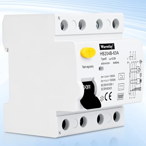 Warmfay Disjoncteur différentiel FI 63 A 300 mA 4 pôles, disjoncteur différentiel type B, interrupteur à courant alternatif, fusible automatique, interrupteur FI pour bornes de charge murales