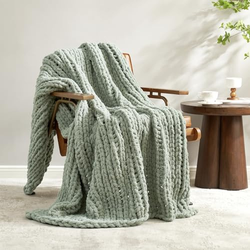 Amélie Home Grobstrick-Überwurfdecke für Couch, weiche Chenille-Häkeldecke für Kinder, 101,6 x 127 cm, Salbeigrün