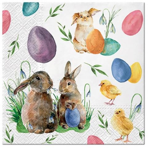 20 Servietten Ostern Hasen, Küken, bunte Eier als Tischdeko. Papierservietten mit Motiv. Auch für Decoupage und Serviettentechnik 33x33cm