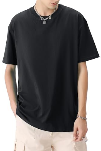 Herren T-Shirt Heavy Rundhals Tee, Basic Männer Oberteil aus Baumwolle, Unisex Kurze Ärmel Lässig Lose Solide Tops(Schwarz XL)