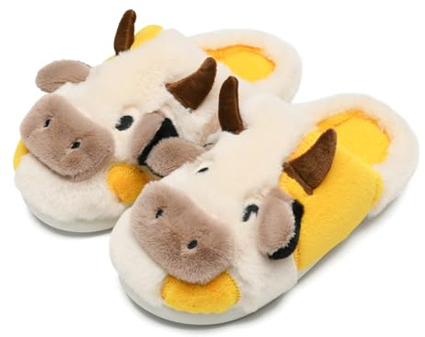 Sharllen Fluffy Cow pantoufle, nouveauté mignonne maison des animaux peluche floue hiver chaud coton pantoufles intérieur et extérieur