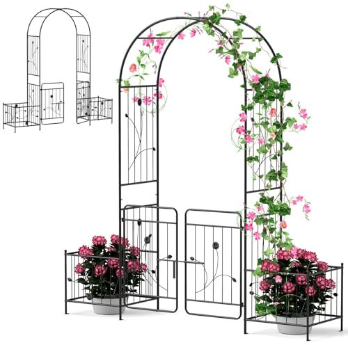 TANGZON Garden Arbor, Metal Arch Arched Top Arbor Trellis with Lockable Gate, Heavy-Duty Trellis Archway for Climbing Plants Grape Vines Wedding Ceremony (with side planters, 198 x 50 x 220 cm)