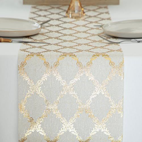 Yeahshion Goldfarbener Tischläufer Metallisches Rankenmuster 28 cm x 5 m, Eleganter Polyester-Tischläufer, Dekoration für Party, Geburtstag, Weihnachten, Heimwerken, Einpacken