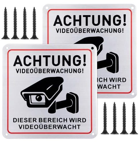 simarro 2 Stück Videoüberwachung Schild, 15x15cm dieser bereich wird videoüberwacht schild Hinweisschild Aluminium Schilder Kameraüberwachung und 8 schrauben Kamera Überwachung Schild Warnschild