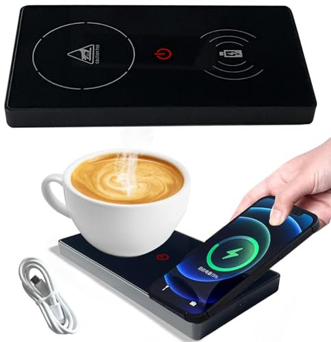 YumSur Chauffe-Tasse, Intelligent Chauffe-Boisson, 2 en 1 avec Charge sans Fil, USB 55 °C Chauffe-café à température constante, Dessous de Verre, Chargeur sans Fil pour Bureau, Usage (Noir)