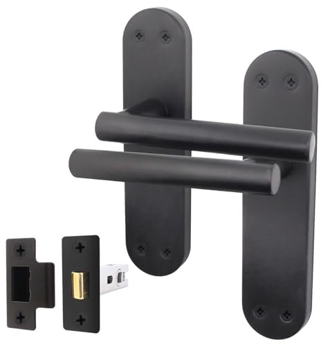 EAI Black Door Handle Latch Set | Matt Black Internal Lever T-Bar Handles on Backplate & Latch (64mm) | Oliena Range