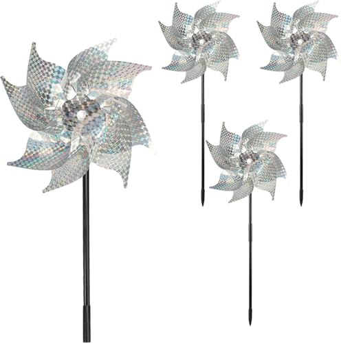 Pack of 4 Reflective Bird Deterrent Windmill, 50cm Sparkly Pinwheel Reflective Pigeon Deterrent, Repellent Windmills Scares Birds to Keep Birds Away From Your House, Window, Gardens, Farm (Silver)