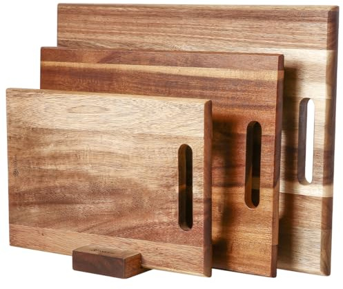 YUSOTAN 3-piece Acacia Wood Cutting Board Set for Kitchen, Large Wooden Cutting Board Set with Handle, Thick Chopping Board, Butcher Block Wooden Trays for Meat, Fruit Vegetable and Cheese