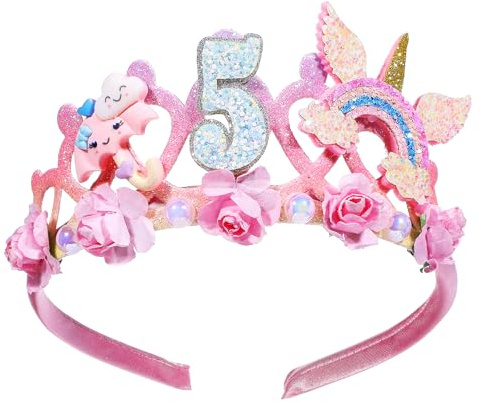 Serre-tête pour 5e anniversaire - Couronne de fleurs roses arc-en-ciel - Diadème de princesse - Décoration esthétique pour fête d'anniversaire - Cadeau