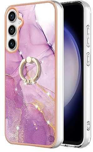 Reevermap Samsung S25 Case Galaxy S25 5G Case with Ring Holder, Shockproof Silicone Marble Phone Cover Kickstand Soft Metallic TPU Rubber Bumper Case for Samsung Galaxy S25, Light Purple