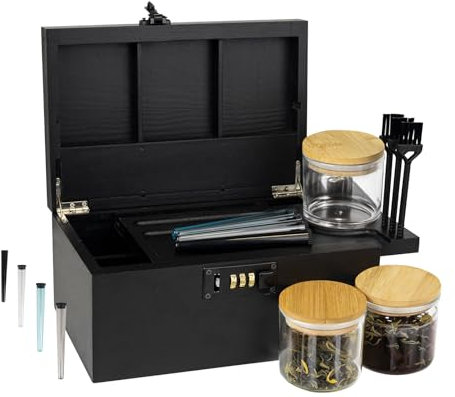 Premium Large Bamboo Box with Combination Lock,Storage Decorative box,Storage Lockbox Set with Plentiful Accessories 3 Jars & 3 Brushes&4 Tubes,Removable Tray,Detachable Compartment,Elegant Black