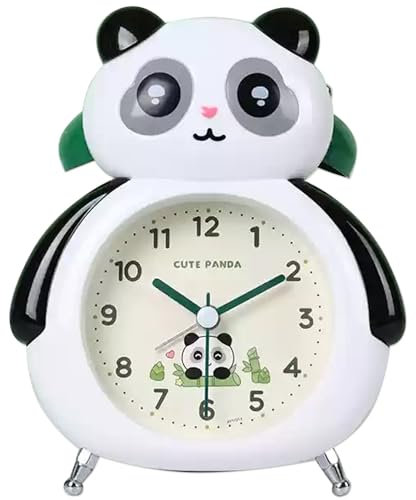 fesoklaf Sveglia con panda in stile cartone animato, per bambini e adulti, sveglia analogica a doppia campana, funzionamento a batteria, con retroilluminazione, per camera da letto, comodino, ufficio