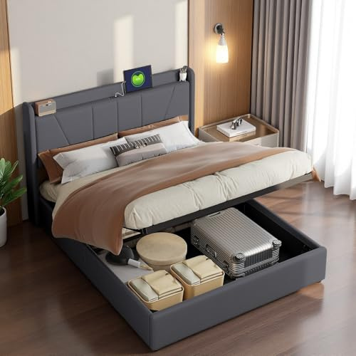 Bett mit Bettkasten, 140 x 200 cm mit Lattenrost, Doppelbett mit USB-Anschluss Typ C, Doppelbett mit Stauraum, gepolstertes Bett, Bettgestell, Leinen (ohne Matratze) (Grau, 140 x 200 cm)