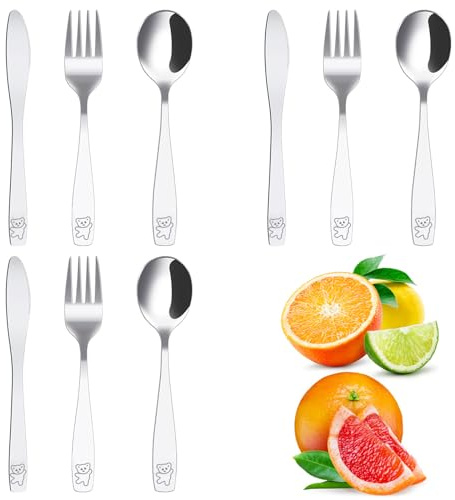 9Pcs Children's Cutlery Set 410 Stainless Steel Kids Fork Spoon and Cutter Set Safe Ergonomic Kids Flatware Set with Funny Bear Pattern for Age 3+ Kid, Dishwasher Safe (Bear)