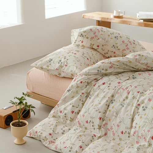 Luowei Mädchen Blumen Bettwäsche 135x200 cm Baumwolle Beige Weich Aesthetic Bettbezug Sommer Bunt Blumen Muster 100% Baumwolle Bettwäsche Sets mit Reißverschluss und 1 Kissenbezug 80x80cm
