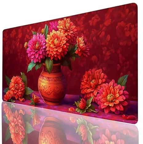 Tapis de Souris XXL 140x60x0.3cm, Grand Tapis Bureau Rouge, Bords Cousus Antidérapant et Imperméable, Fleur Mouse Pad Compatible Clavier sans Fil et Souris sans Fil, Bureau Gaming Accessoire GYL-8130