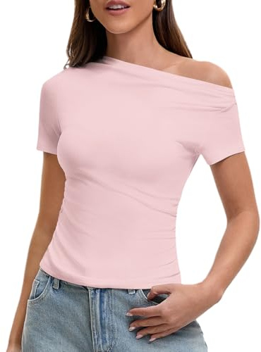 OOHOKAY T Shirts for Women UK Women's Off Shoulder Tops, Slim Fit Basic Short Sleeve Y2K Summer Solid Color Going Out Tee(Light Pink-j3,M)
