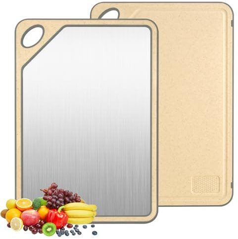 Cozary Tabla de Cortar Acero Inoxidable, Tabla de Cortar de Doble cara para la Cocina, 40x28x1cm, Lavavajillas, canaleta de recolección de jugos, Bordes de Silicona Antideslizantes, para Carnes