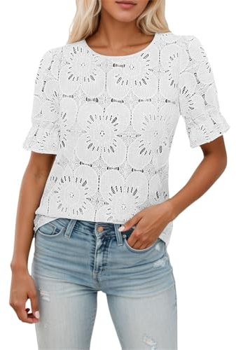 Generisch Top negro sin espalda de manga corta, elegante, informal, dulce, hueco, encaje de ganchillo, bordado, camisas de verano, blusa plisada, Blanco, XXL