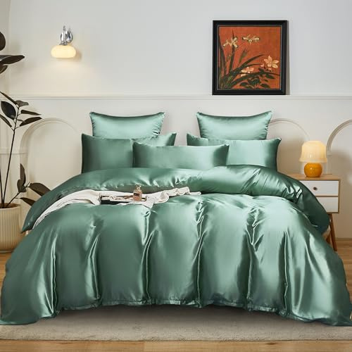 YASMENG Parure da Letto con Copripiumino in Satin 240x260 Verde Chiaro Opaco Deluxe Set di Biancheria da Letto in Satin Morbido Liscio Seta Seta Lenzuola per 2 Persone con Cerniera e Federe per