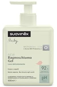 Suavinex, Gel Doccia Baby Corpo e Capelli, Shampoo Schiumogeno, Senza Sapone, Adatto a Pelli Sensibili e Neonati, Non Brucia gli Occhi, 92% Ingredienti di Origine Naturale, con Prebiotico, 500 ml