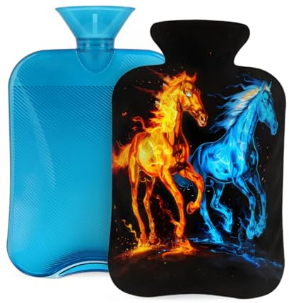 Entemne Wärmflasche, 2 l, Feuerblau, laufendes Pferd, Wärmbeutel mit Bezug, wiederverwendbare Therapie-Tasche zur Schmerzlinderung, Menstruationskrämpfe, Muskelkater, Winterwärme Geschenk