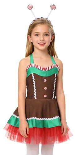 Alvivi Mädchen Lebkuchenmann Kostüm Lebkuchen Kleid + Haarreif Zuckerstangen Streifen Weihnachten Kleid Weihnachtsoutfit Partykleid