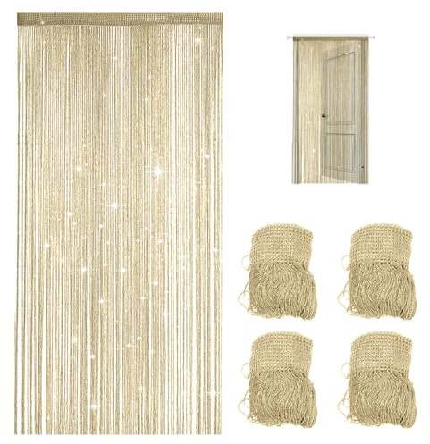 4 Stück Fadenvorhang Türvorhang, 100x200cm Fadengardine Glitzer, Raumteiler, Fadenvorhang Insektenschutz, Zimmer Fransenvorhang Geeignet für Hochzeiten, Cafés, Restaurants, Türen, Zedernfarbe