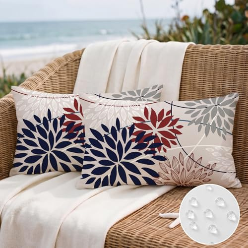 Artscope Outdoor Waterproof Blue Red Cushion Covers Geometric 40x60cm Set of 2 White Gray Dahlia Floral Pillowcases Outdoor Flowers Pillow Covers for Patio Garden Bench Sofa Farmhouse Decor
