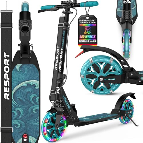 RE:SPORT® Cityroller für Kinder & Erwachsene mit LED, Klingel & Tragegurt | Kickscooter Tretroller inkl. Handbremse & Doppelfederung | Scooter höhenverstellbar & klappbar (Türkis)