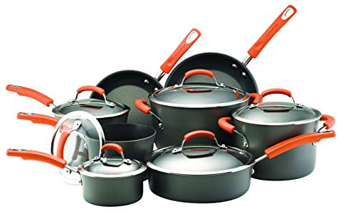 Rachael Ray Hard Anodised Nonstick 8 piece Pots and Pans Set, dishwasher safe with toughened glass lids and orange handles