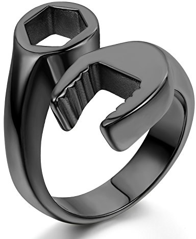 JewelryWe Schmuck Biker Edelstahl Herren-Ring, Fashion Mode Mechaniker Schraubenschlüssel Schlüssel Band Ring Edelstahlring für Halloween Weihnachten, Silber Größe 54 bis 67 - mit Geschenk Tüte