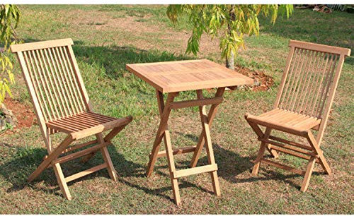 Mojawo 3-teilige Luxus Massiv Teakholz Balkon Set Teak Indoor und Outdoor 1 x Klapptisch 60x60cm + 2 x Klappstuhl aus nachhaltigem Plantagenanbau