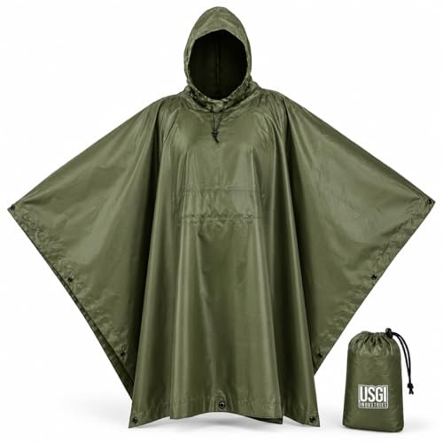 USGI Industries Military Style Poncho | Lightweight Tactical Multi Use Rip Stop Camouflage Rain Poncho | Perfect for Hiking, Hunting, Emergency Tent, Survival (OD Green)