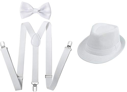 Juego 3 de Tirantes Elásticos Pajaritas Ajustables y Sombrero de Copa para Niños Adultos Fiesta Carnaval (Blanco, Pack niño/sombrero 54cm)
