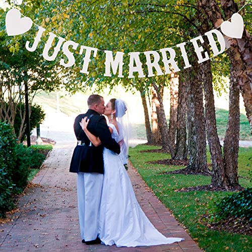 Just Married girlang, bröllopsgirlang, dekoration vit vintage, Just Married banderoll, bilaffisch, nygifta girlang, vimpelkedja, bröllop