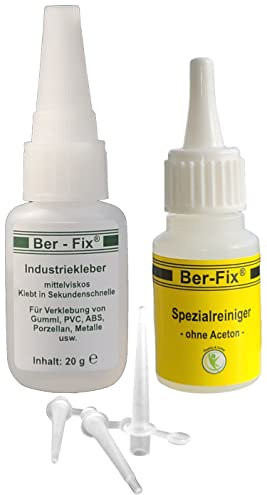 Ber-Fix Industriekleber mittelviskos (100 mPas) 20g leicht dickflüssig + Reiniger & Fein Spitzen universell einsetzbar für Industrie und Heimwerker extra stark für Kunststoff Metall Holz PVC