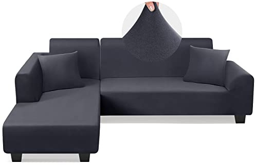 KinCam Sectional Couch Covers L Shape Sofa Covers Super Stretch 2pcs Sofa Slipcovers for 3 + 3 Seaters Sectional Chaise Slipcover with 2pcs Pillow Covers for Pets Kids, Dark Grey
