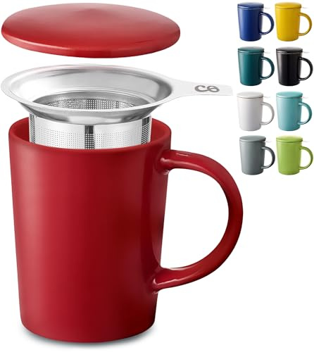 Cosumy Teetasse mit Sieb und Deckel - Keramik Rubinrot - Hält Lange Warm - 400ml Groß - Spülmaschinenfest