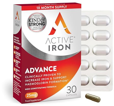 Active Iron Supplement 25 mg – Clinically Proven to Increase Iron & Energy Levels – Gentle, Non-Constipating, Highly Absorbed – 30 Capsules, 1 Month Supply