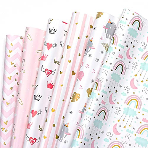 BBLIKE Papier Cadeau Coeur Set - 6 Feuilles Emballage Cadeau Anniversaire Enfant, Rouleau Papier Cadeaux Wrapping 70 * 50 cm Paper pour Garcon Fille Bebe Femme Fêtes d'anniversaire Noël (Rose)