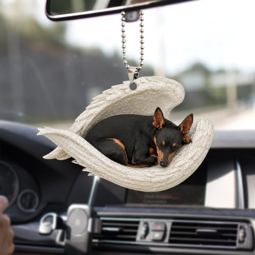 Talataca Miniatur Pinscher schlafender Engel Tier Haustier Hund Bauernhaus 2D Flach Auto Rückspiegel Zubehör Weihnachtsbaum Ornament Dekoration Hängender Charme Innen Rückansicht Anhänger Dekor